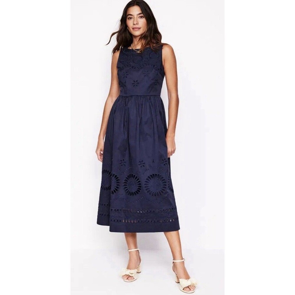 BODEN Lauren Broderie Midi Dress 8 Petite Navy Blue Eyelet Sleeveless Feminine